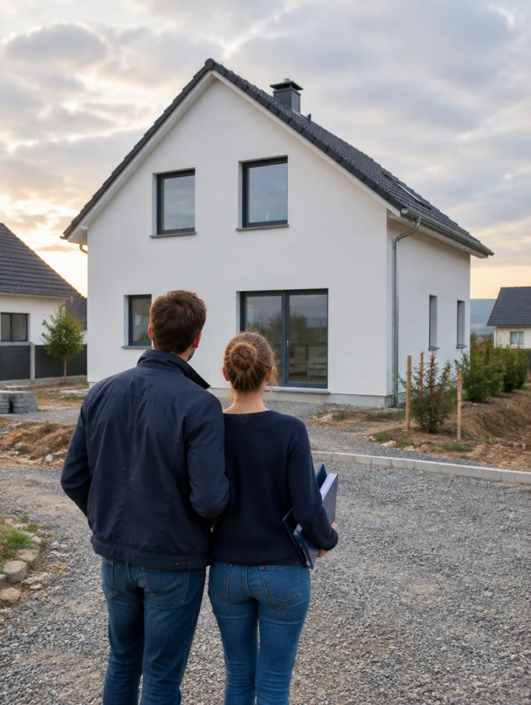 Junges Paar vor seinem neu gebauten Einfamilienhaus – Baufinanzierung in Mainz